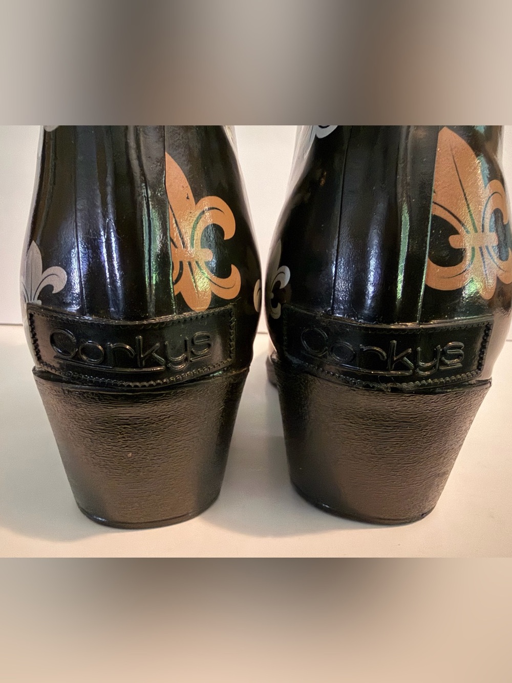 Corkys black Fleur De Lis cowboy style rubber rainbow boots women’s size 9 - Picture 3 of 11